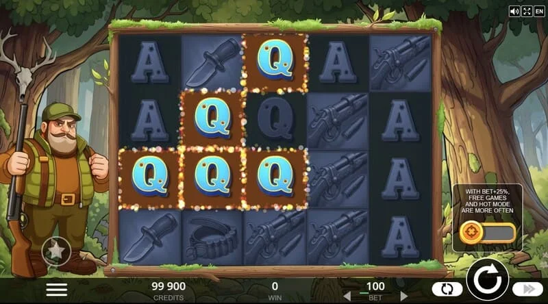 Hunt the Bucks - Haupt-Game-Screen 5x4 mit Waldtieren und Coin-Symbolen