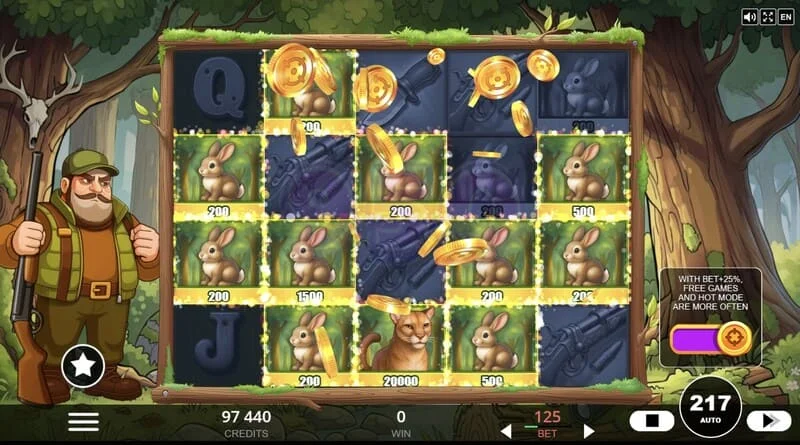 Hunt the Bucks - Spezialsymbole Hunter-Wild, Scatter und Animal Credit auf dem Raster